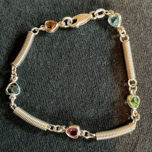 Bracelet 7 inch .925 Sterling Silver Spiral Design With Heart Shaped Gem Stones